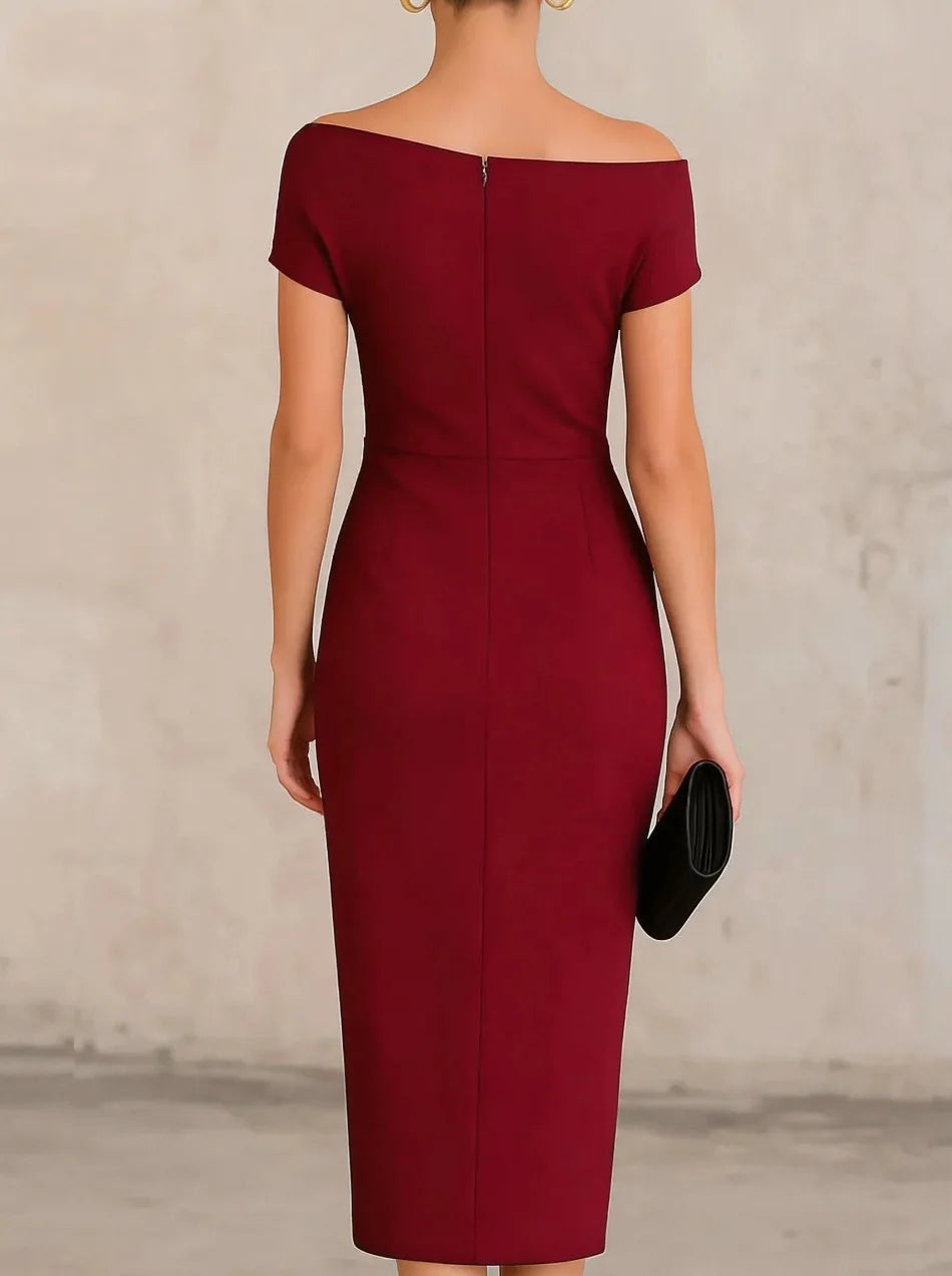 Rebecca | Damen Elegantes Ein Schulter Midikleid mit Raffung