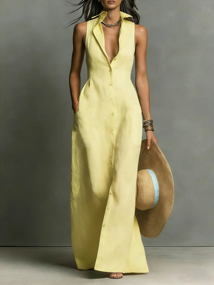 Gina | Damen Elegantes Ärmelloses Hemdkleid Mit Knöpfen