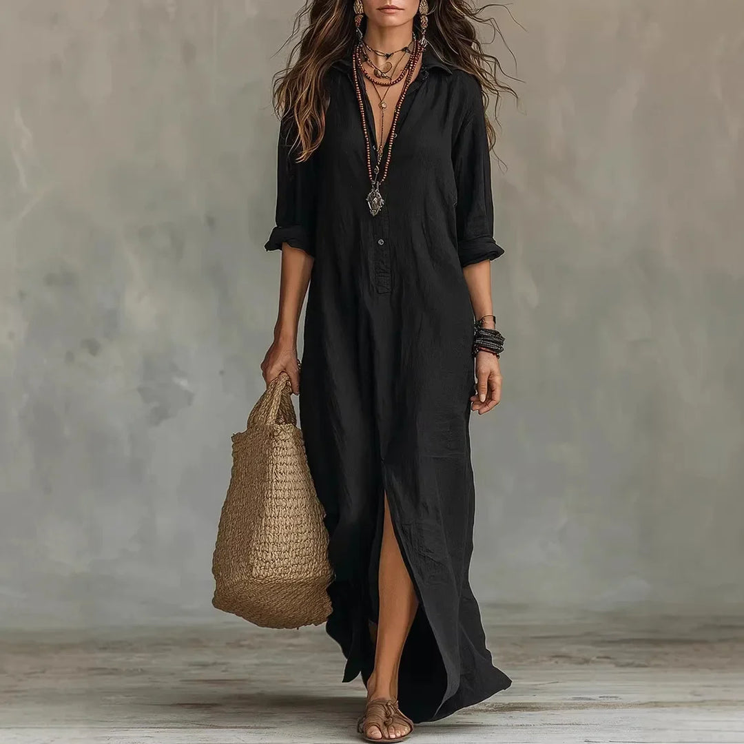 Yvonne | Damen Sommer Leinen Maxikleid