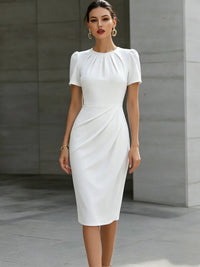 Carolina | Damen Elegantes Plissiertem Ausschnitt Midikleid