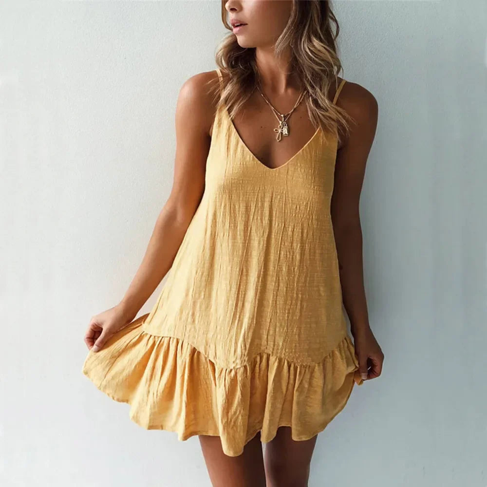 Jolina | Damen Sommer Rüschen Mini Kleid