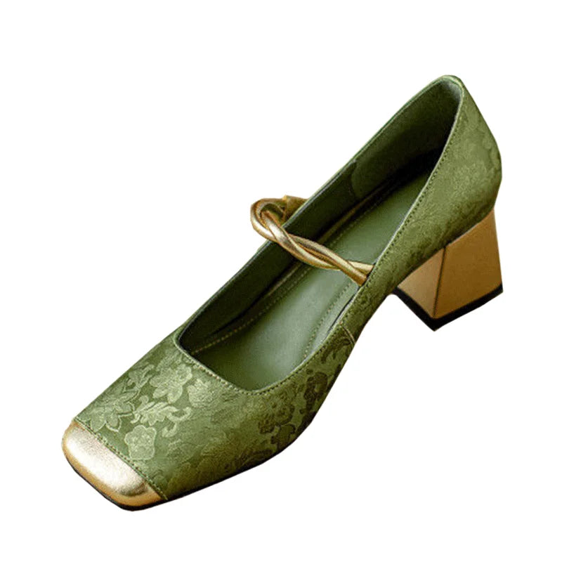 Brunhilde | Damen Mary Jane Pumps mit Eckiger Zehenkappe und floralem Design