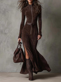 Lieselotte | Women's Elegant Long-Sleeve Suede Zip Dress