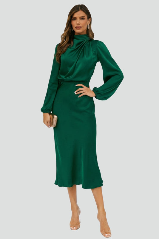 Vera | Damen Sommer Hochgeschlossener Ballonärmel Midikleid