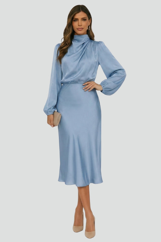 Vera | Damen Sommer Hochgeschlossener Ballonärmel Midikleid