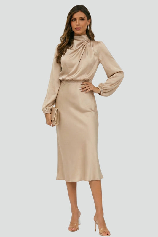 Vera | Damen Sommer Hochgeschlossener Ballonärmel Midikleid