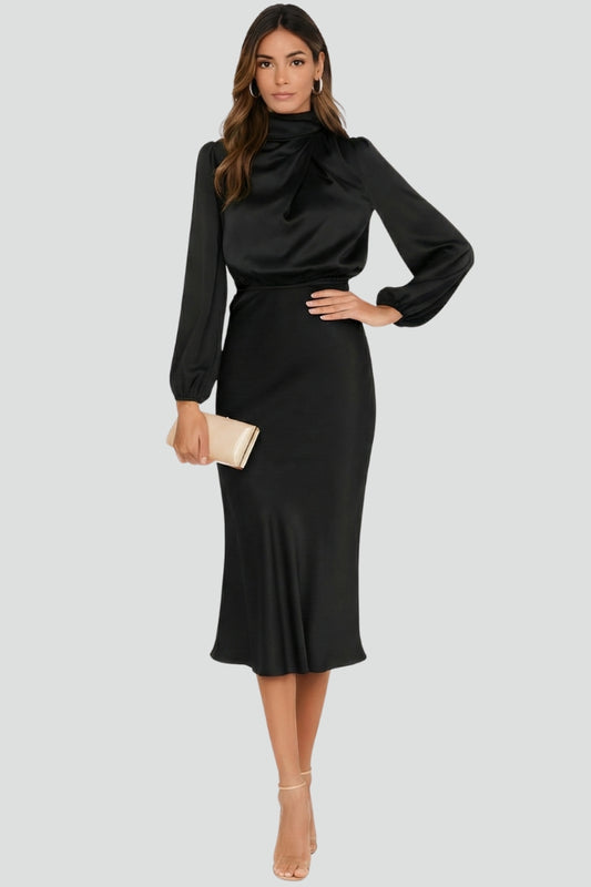 Vera | Damen Sommer Hochgeschlossener Ballonärmel Midikleid