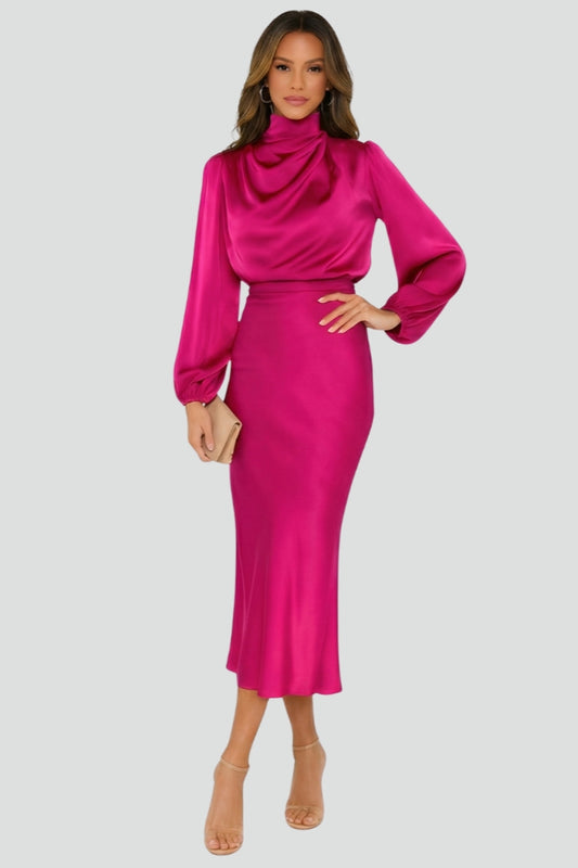 Vera | Damen Sommer Hochgeschlossener Ballonärmel Midikleid
