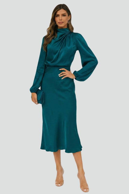 Vera | Damen Sommer Hochgeschlossener Ballonärmel Midikleid