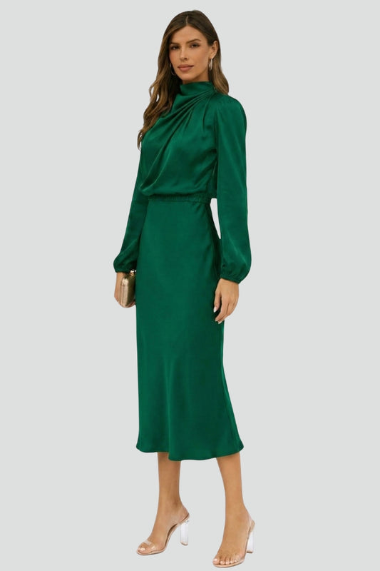 Vera | Damen Sommer Hochgeschlossener Ballonärmel Midikleid