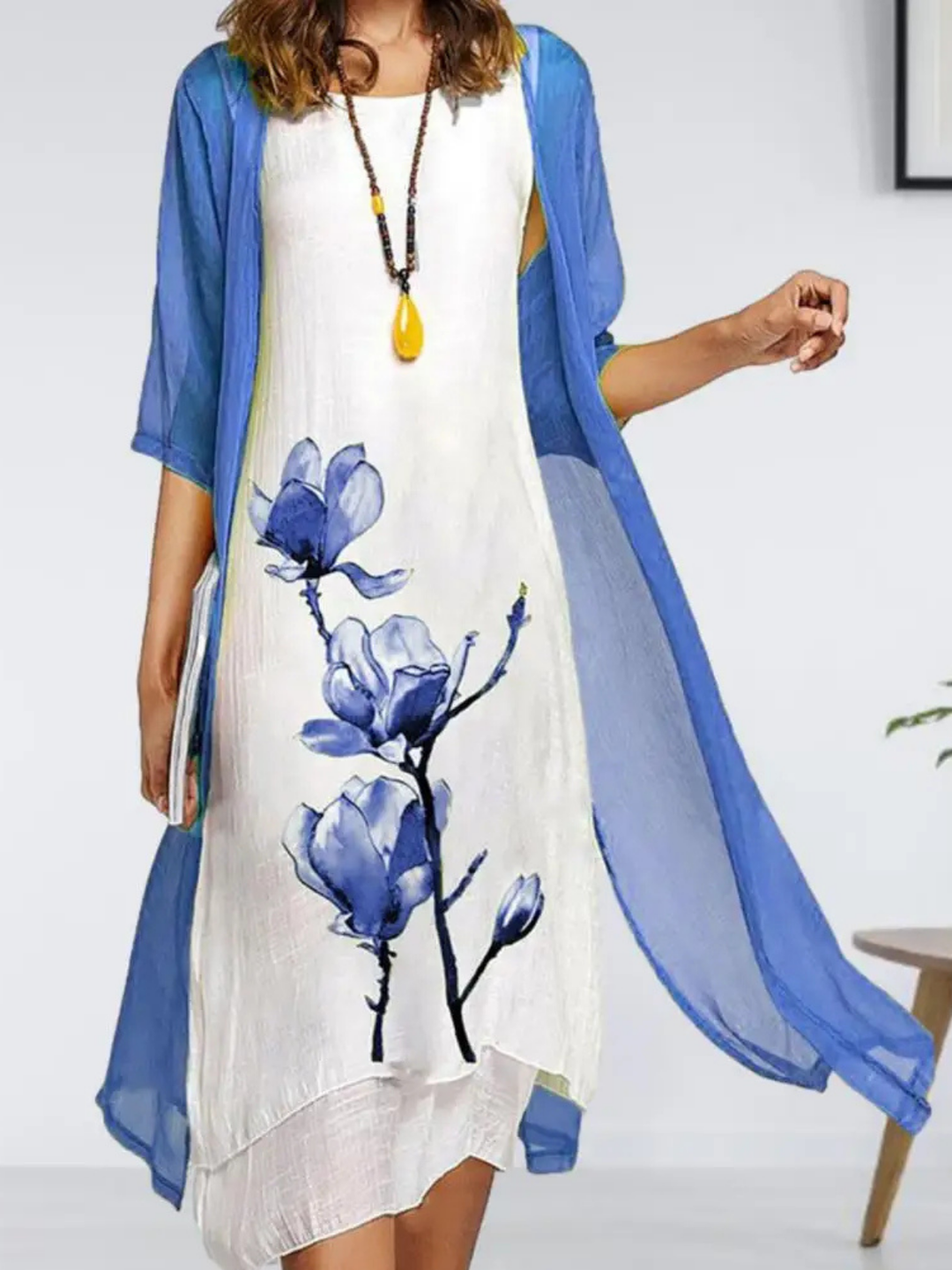 Elina | Damen Ärmelloses Midikleid Mit Chiffon Cardigan Set