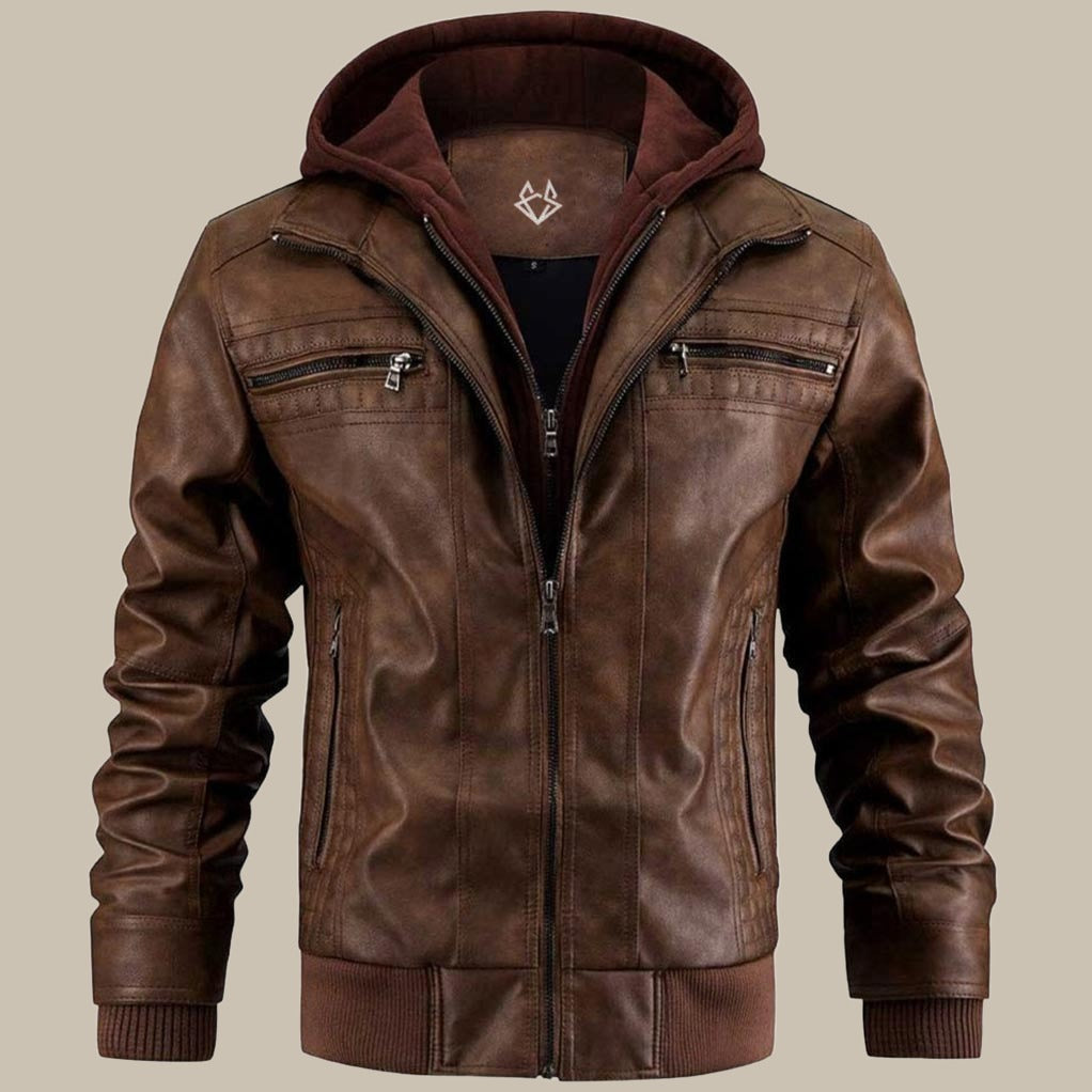 Joshua | Herren Robuste Lederjacke mit Kapuze