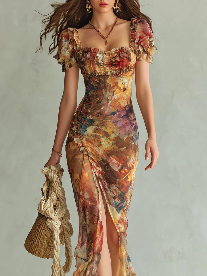 Natalie | Damen Casual Geblümtes Chiffon Maxikleid