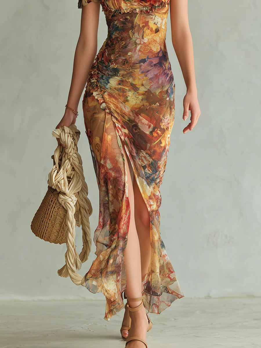 Natalie | Damen Casual Geblümtes Chiffon Maxikleid