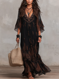 Mackenzie | Damen Romantisches Boho V-Ausschnitt Maxikleid