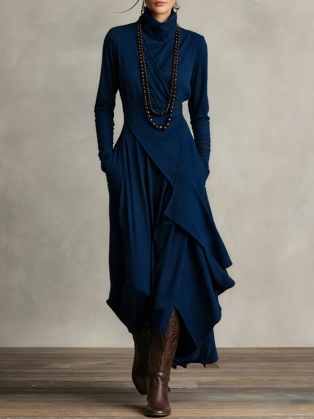 Clara | Damen Elegant Rollkragen Lässiges Maxikleid