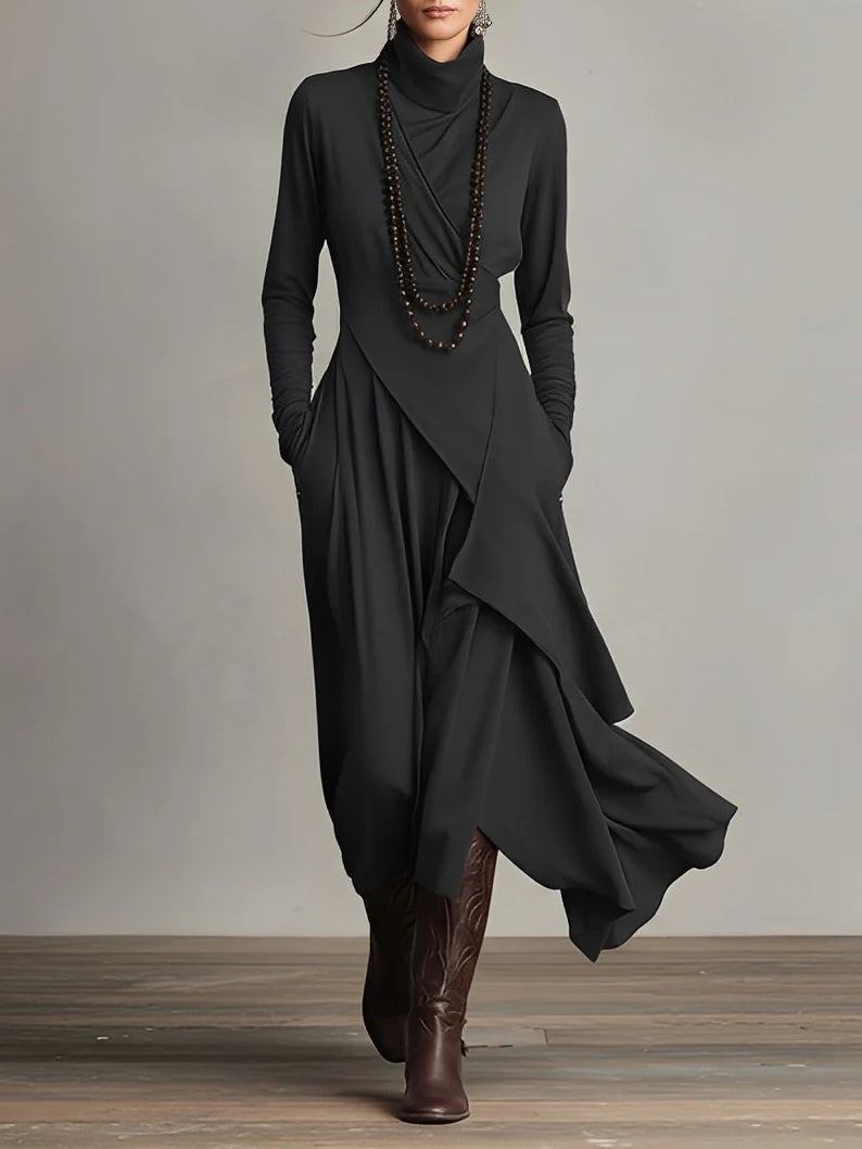 Clara | Damen Elegant Rollkragen Lässiges Maxikleid