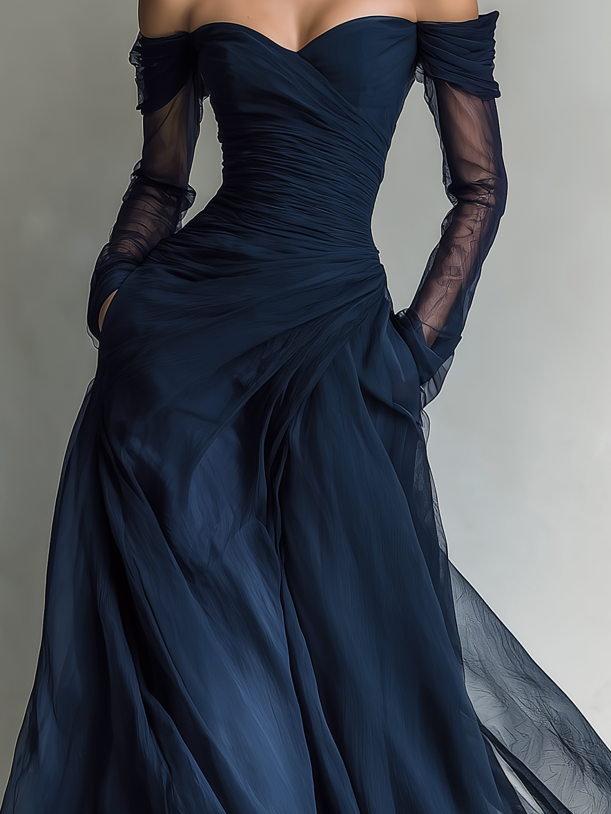 Nina | Abito lungo elegante in chiffon da donna senza spalle