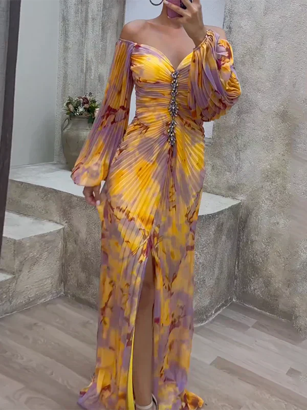 Sofia | Damen Sommer Plissee Schulterfrei Maxikleid