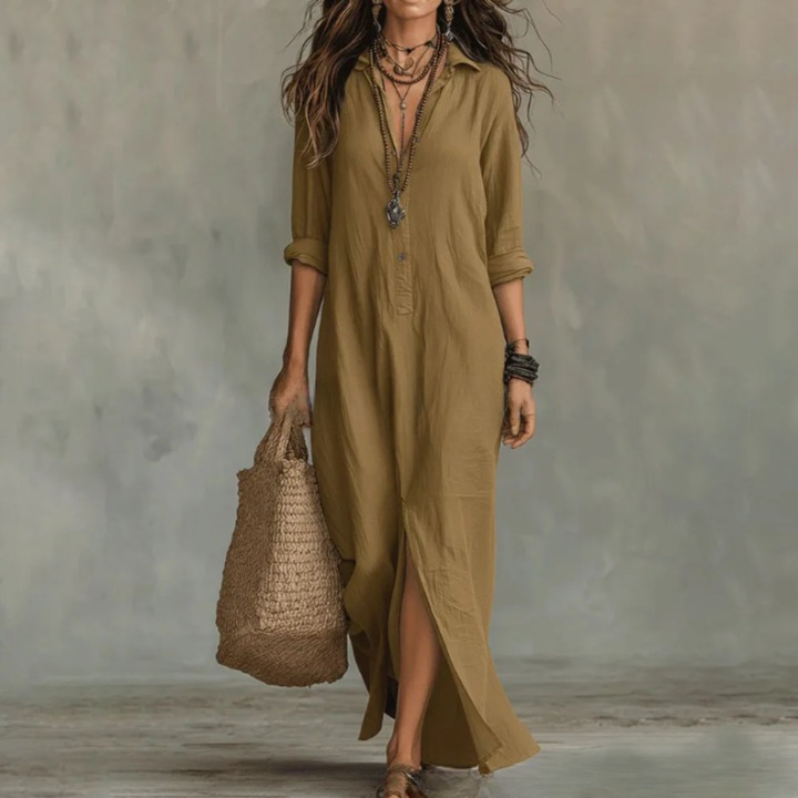 Yvonne | Damen Sommer Leinen Maxikleid