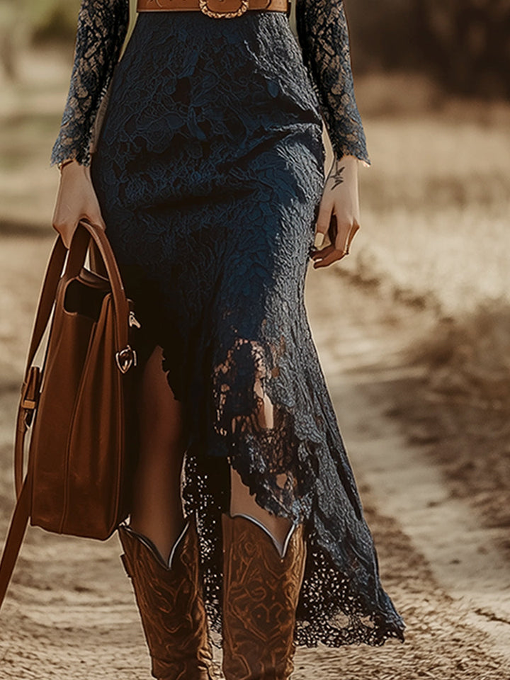 Maya | Damen Elegantes Langarm Spitzen Maxikleid