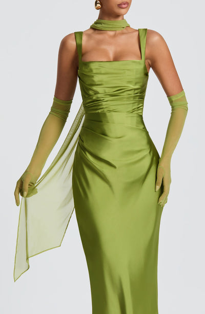Valentina | Robe légère en mesh stretch jaune avec écharpe pour femme