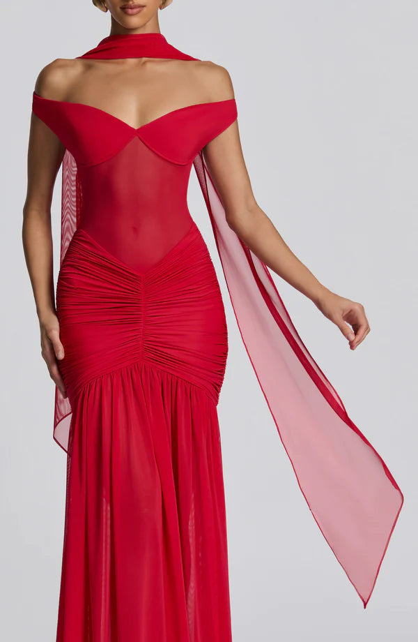 Valentina | Robe légère en mesh stretch jaune avec écharpe pour femme