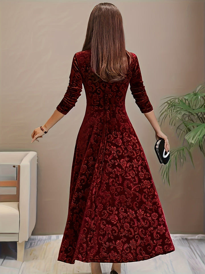 Sylvia | Damen Langarm Blumenmuster Abend Midikleid
