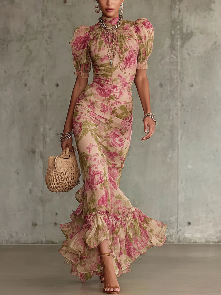 Malina | Damen Florales Maxikleid Mit Stehkragen Und Puffärmeln
