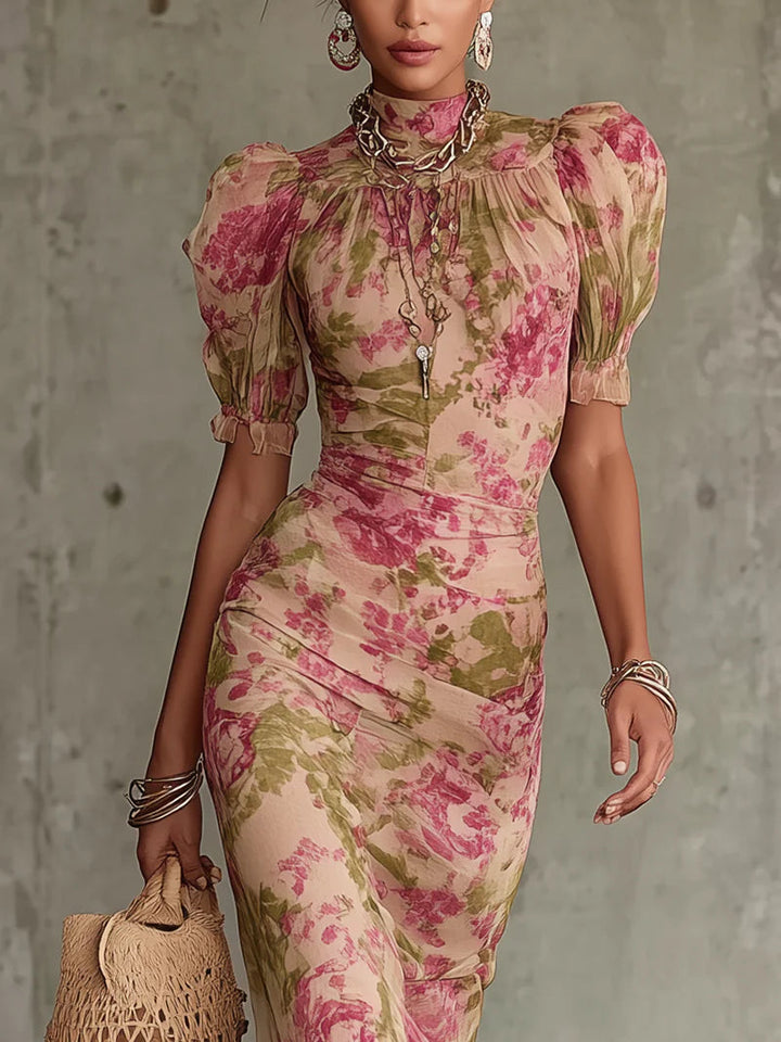 Malina | Damen Florales Maxikleid Mit Stehkragen Und Puffärmeln