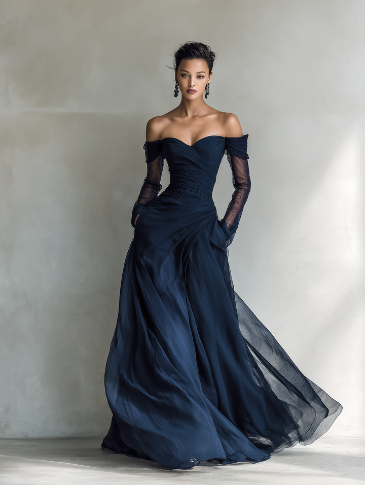 Nina | Abito lungo elegante in chiffon da donna senza spalle