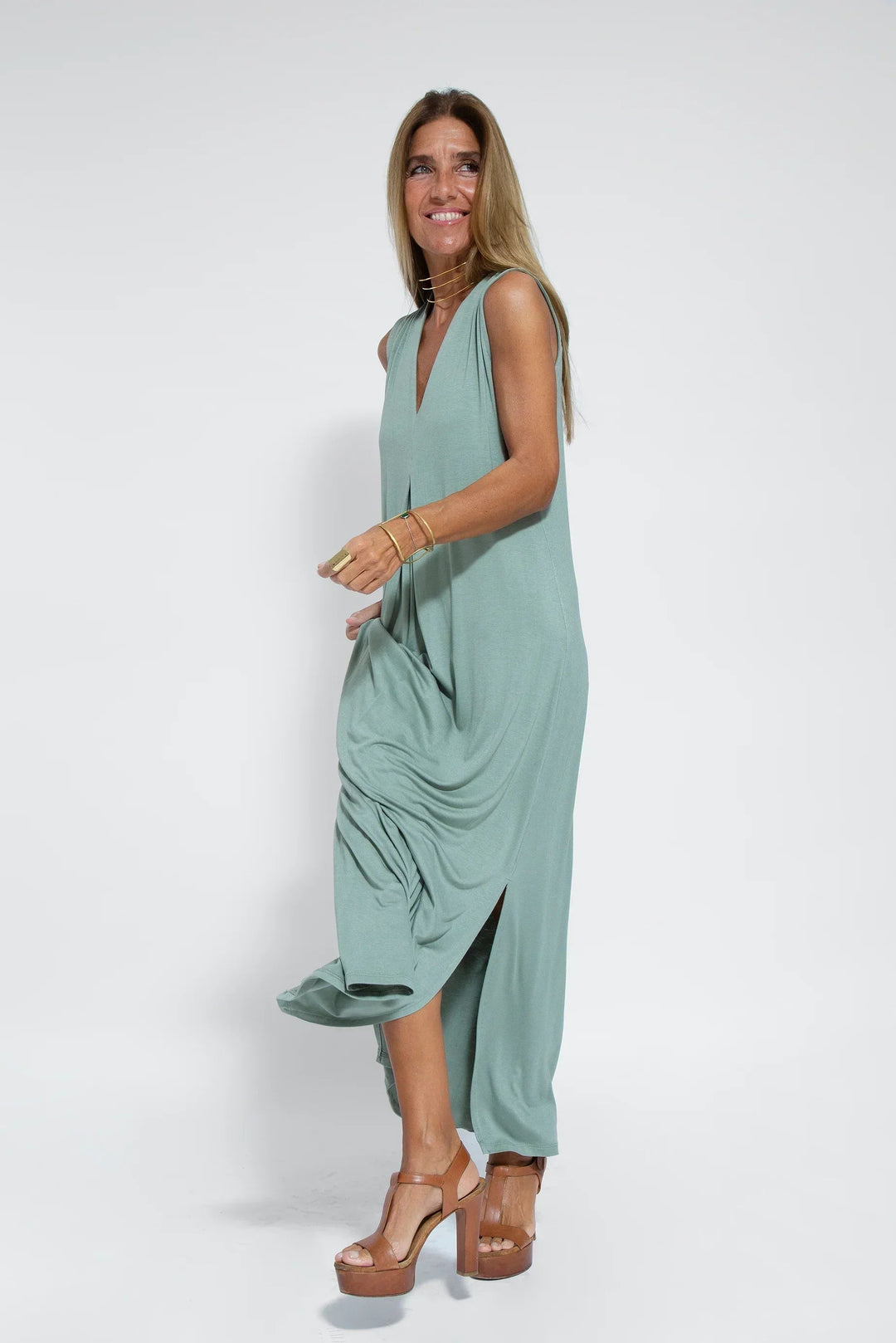 Michelle | Damen Ärmelloses Sommer Maxikleid mit tiefem V-Ausschnitt