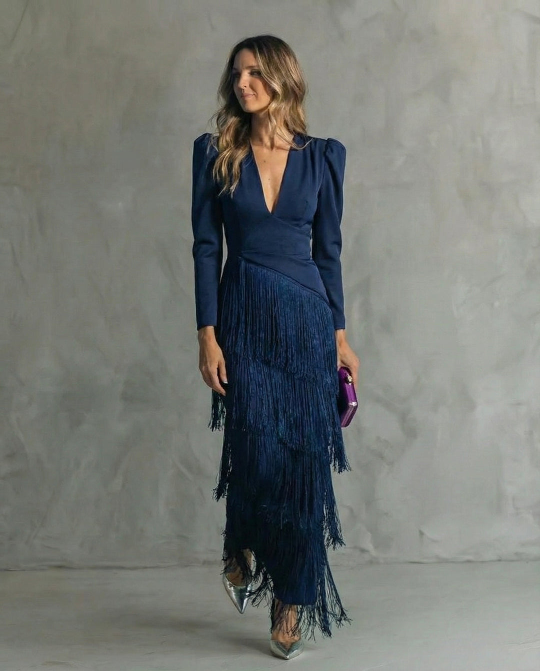 Marie | Damen Festliches Fransen-Kleid Mit V-Ausschnitt