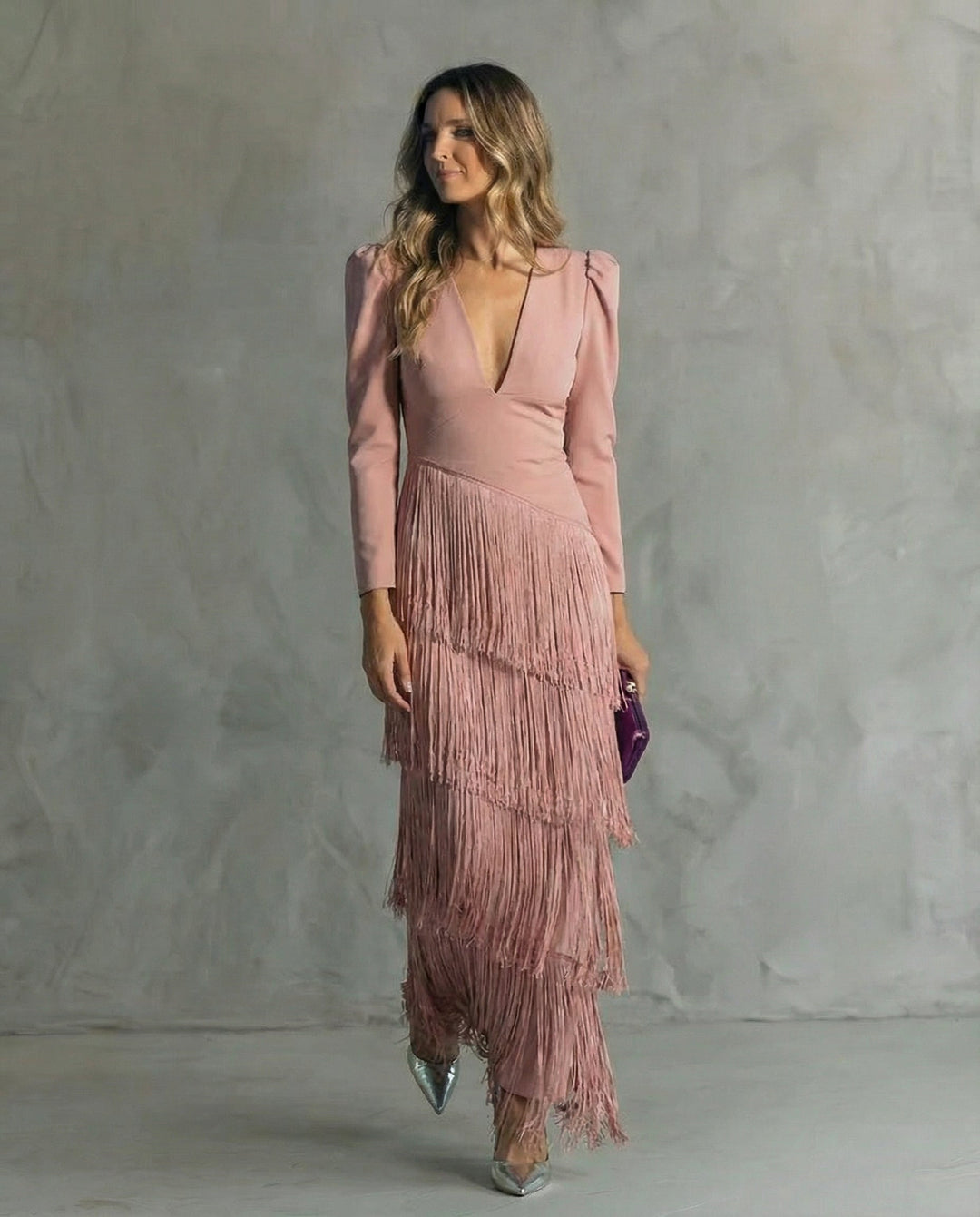 Marie | Damen Festliches Fransen-Kleid Mit V-Ausschnitt
