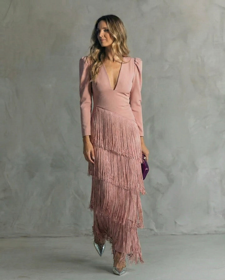 Marie | Damen Festliches Fransen-Kleid Mit V-Ausschnitt