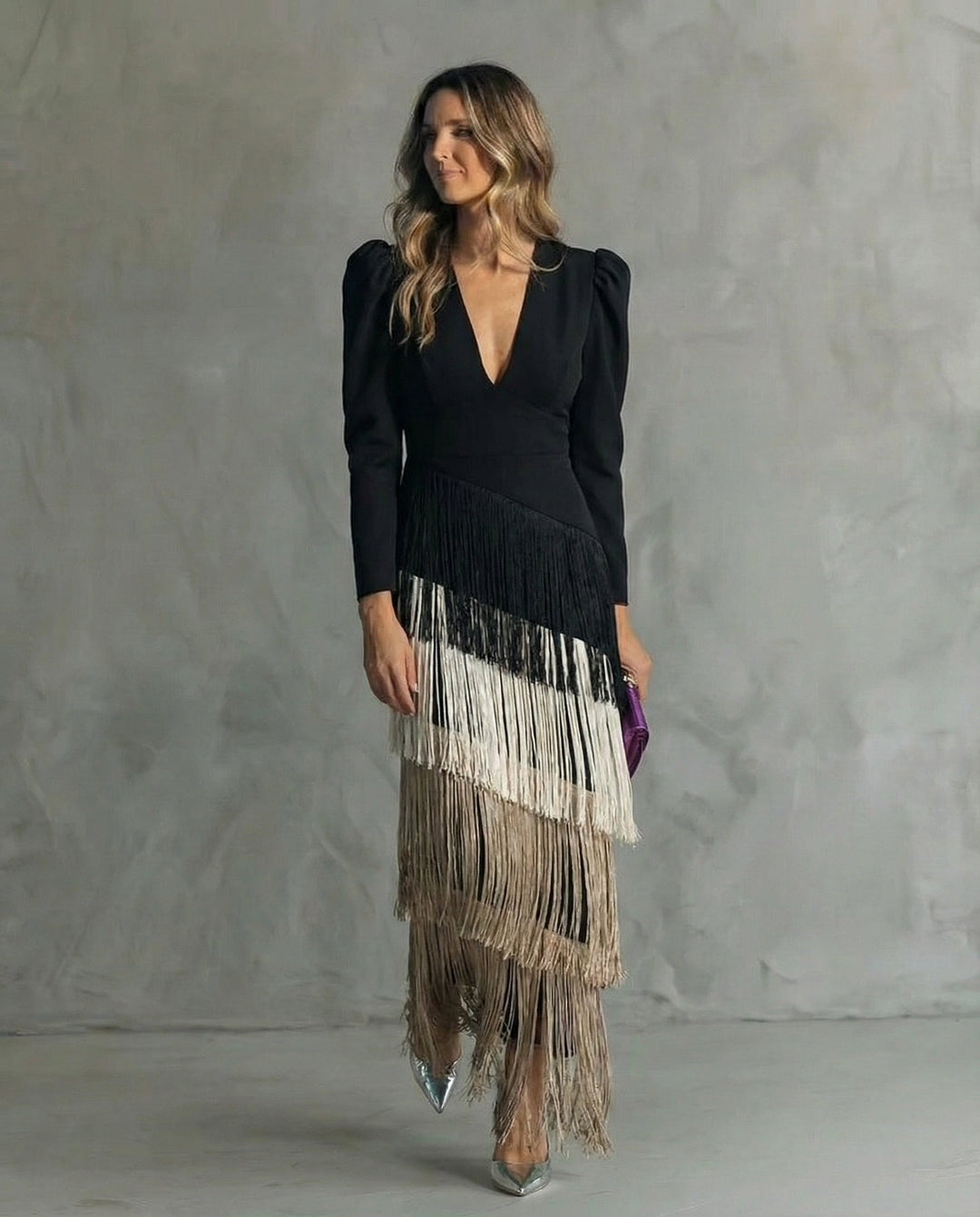 Marie | Damen Festliches Fransen-Kleid Mit V-Ausschnitt