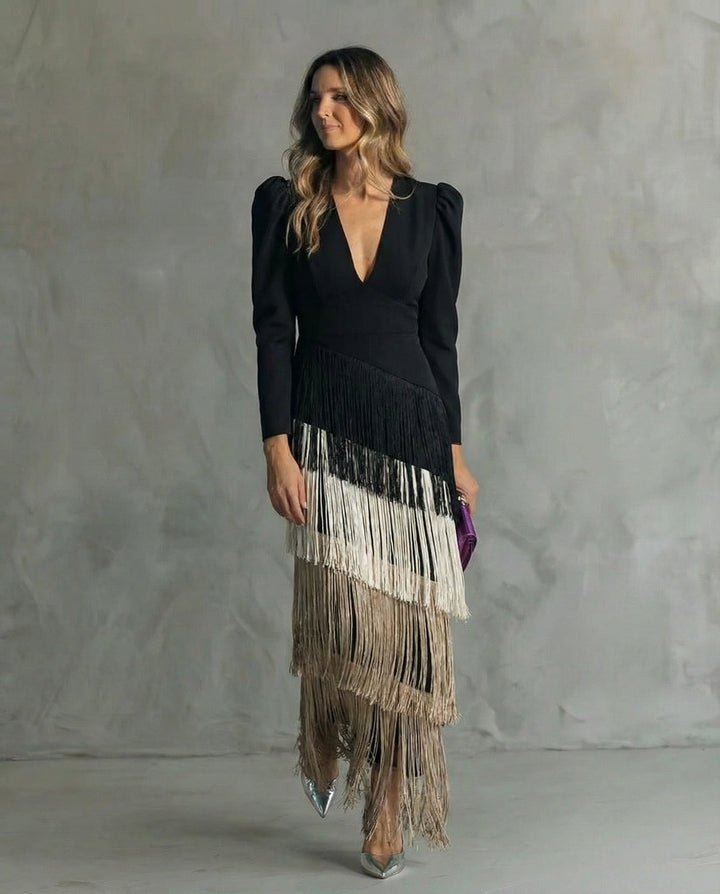 Marie | Damen Festliches Fransen-Kleid Mit V-Ausschnitt