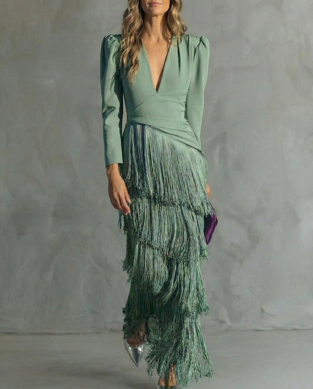 Marie | Damen Festliches Fransen-Kleid Mit V-Ausschnitt