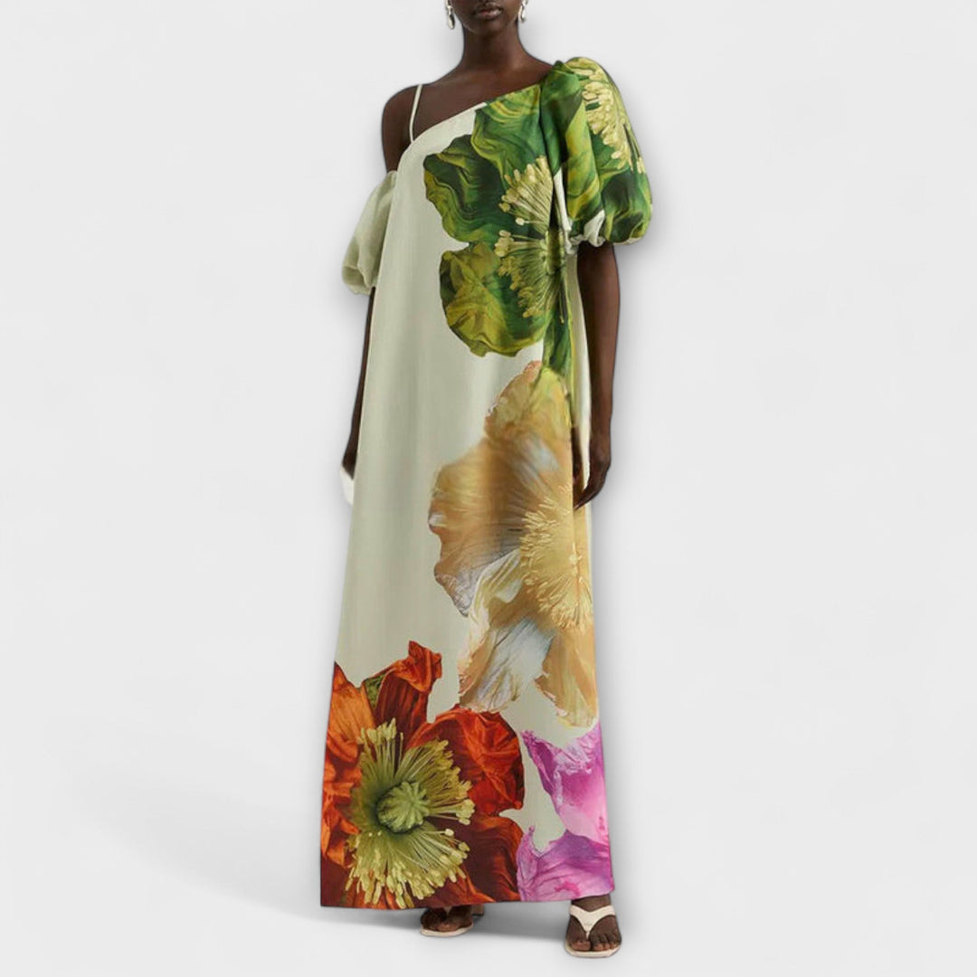 Susanne | Damen Bedrucktes One Shoulder Maxikleid mit Puffärmeln