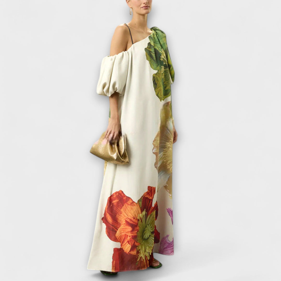 Susanne | Damen Bedrucktes One Shoulder Maxikleid mit Puffärmeln