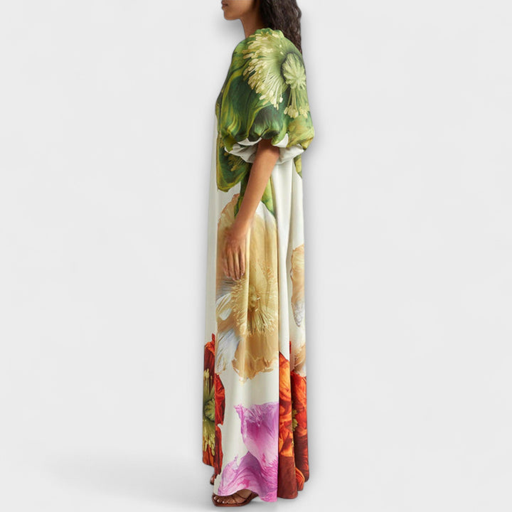 Susanne | Damen Bedrucktes One Shoulder Maxikleid mit Puffärmeln