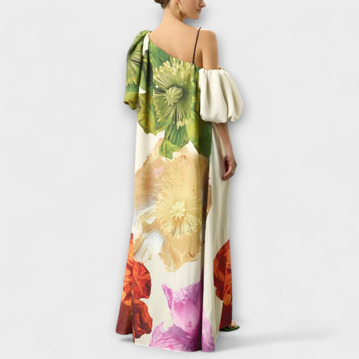 Susanne | Damen Bedrucktes One Shoulder Maxikleid mit Puffärmeln