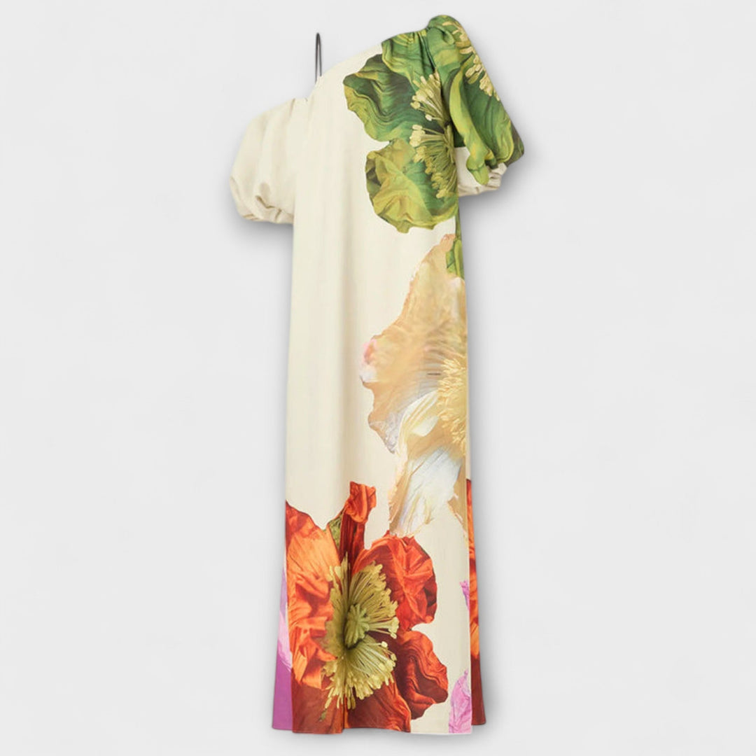 Susanne | Damen Bedrucktes One Shoulder Maxikleid mit Puffärmeln