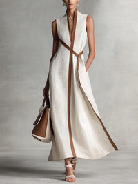 Carla | Damen Elegantes Ärmelloses Maxi Wickelkleid mit hohem Kragen