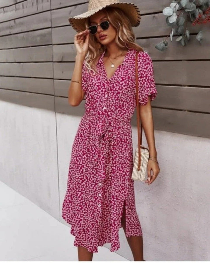 Noelle | Damen Sommer Florales Wickelkleid Mit Knöpfen