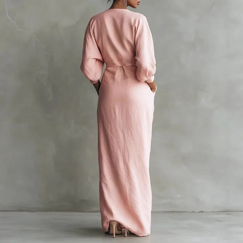 Josephine | Damen Anspruchsvolles V-Ausschnitt Wickelkleid Langarm Maxikleid