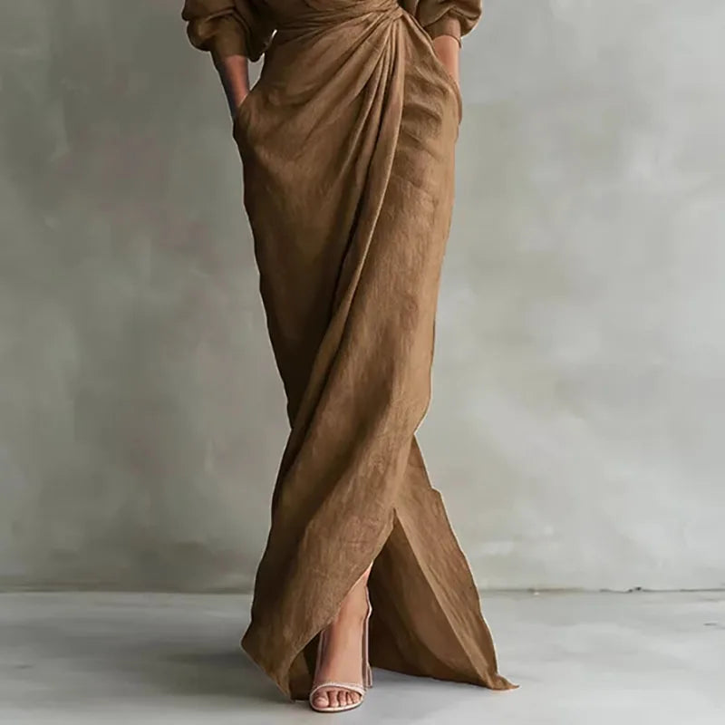 Josephine | Damen Anspruchsvolles V-Ausschnitt Wickelkleid Langarm Maxikleid