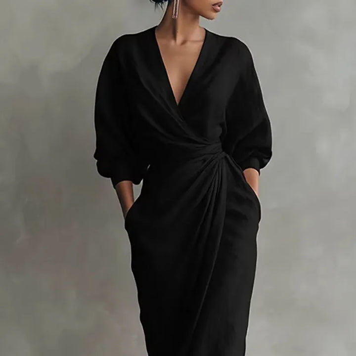 Josephine | Damen Anspruchsvolles V-Ausschnitt Wickelkleid Langarm Maxikleid