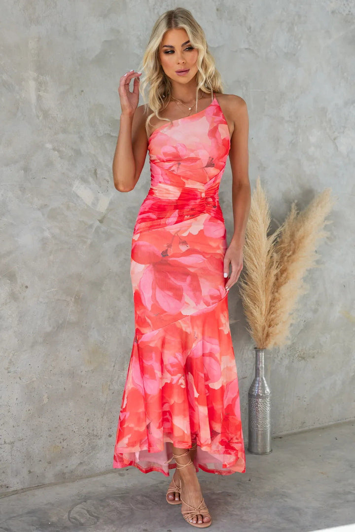 Diana | Damen One-Shoulder Blumenmuster Hochzeitsgastkleid