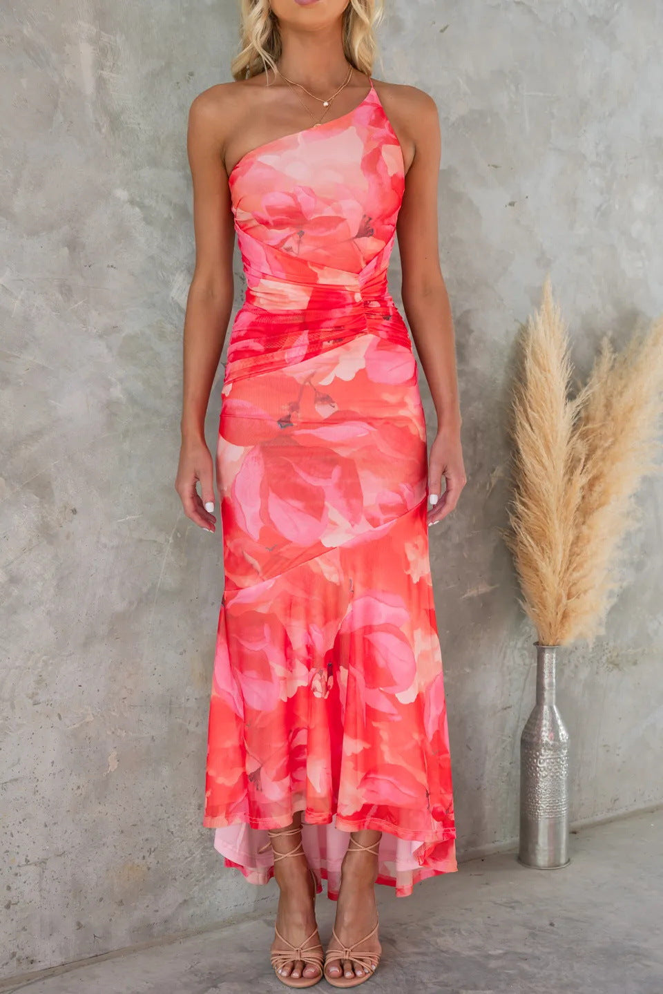 Diana | Damen One-Shoulder Blumenmuster Hochzeitsgastkleid